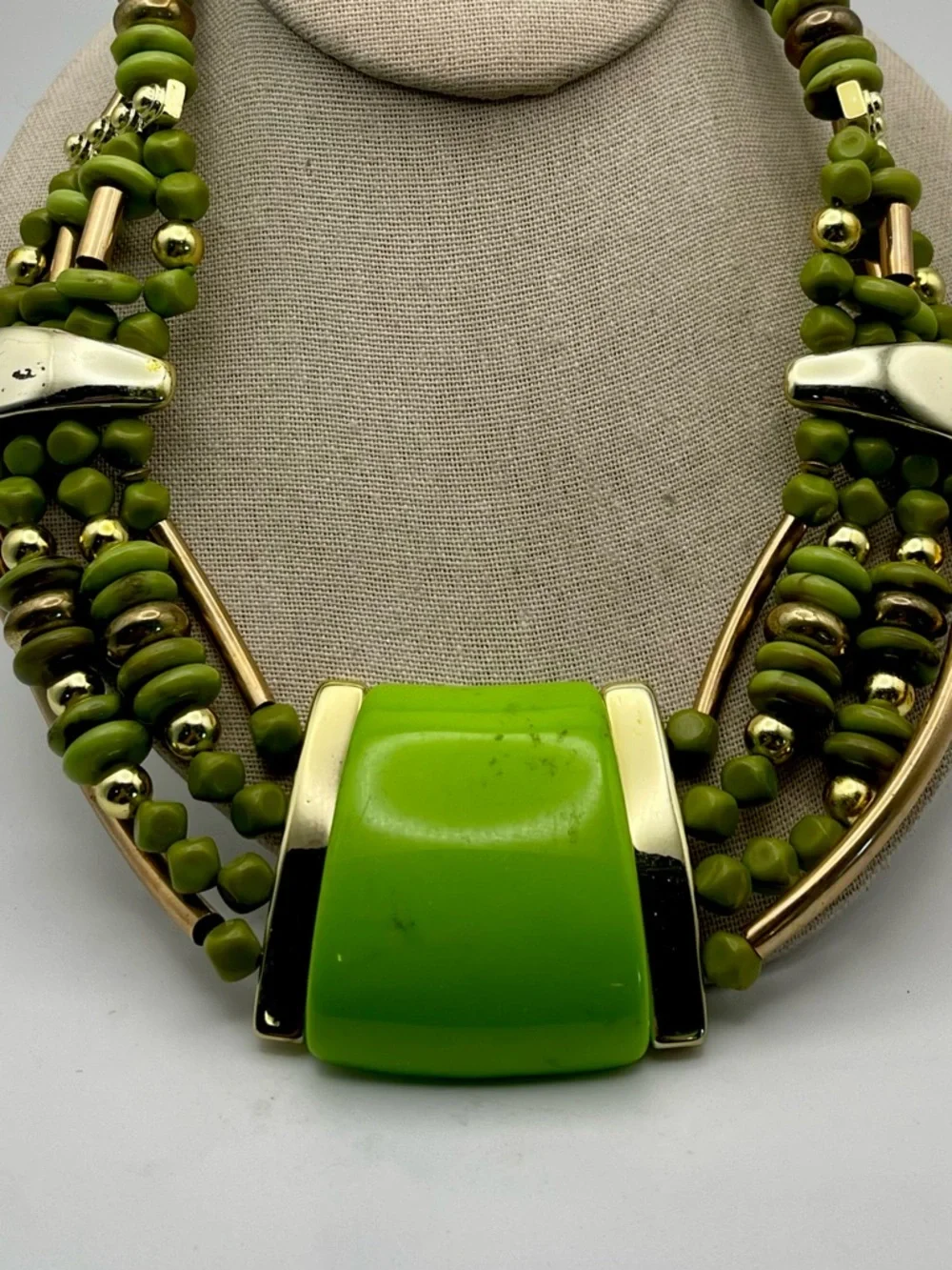 Vibrant Lime Green and Polished Gold Tone Multi Strand Statement Bib Necklace - Picture 3 of 15